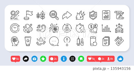 Report document, Agreement document and Sunscreen line icons pack. Social media: share, comment, like icons. Covid test, Attention, Diagram graph web icon. Vector 135943156