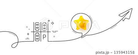 Parking place line icon. Continuous line with share plane. Car park sign. Transport symbol. 3d star in speech bubble. Parking place single line ribbon. Loop curve pattern. Vector Parking place line icon. Continuous line with share plane. Car park sign. Transport symbol. 3d star in speech bubble. Parking place single line ribbon. Loop curve pattern. Vector 135943158