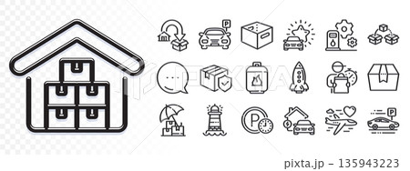 Parking, Delivery insurance and Home charging line icons for web app. Glare of light effect. Message icon. Pack of Gas cylinder, Lighthouse, Parcel shipping pictogram icons. Vector 135943223