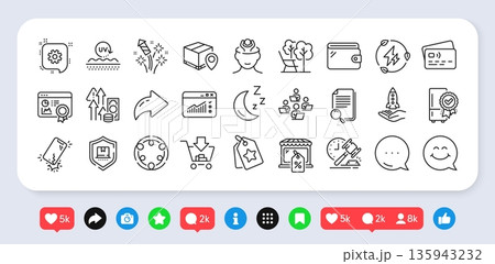 Crowdfunding, Wallet and Search file line icons pack. Social media: share, comment, like icons. Seo certificate, Smile face, Deckchair web icon. Vector 135943232