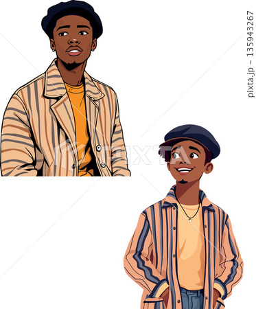 Two black men wearing berets and striped jackets are looking away Two black men wearing berets and striped jackets are looking away 135943267