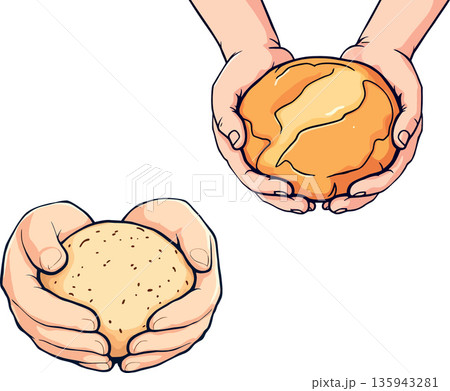 Baker holding freshly baked bread and dough in hands Baker holding freshly baked bread and dough in hands 135943281
