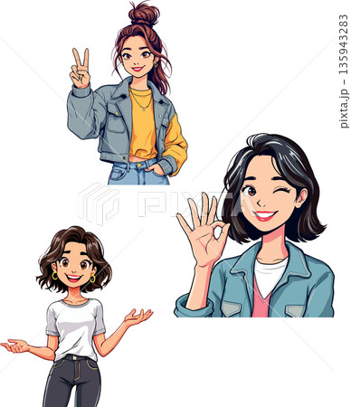 Three young women showing different hand gestures and posing Three young women showing different hand gestures and posing 135943283