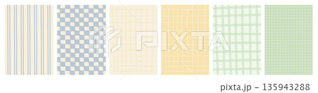 Pastel hand drawn plaid and grid pattern backgrounds in soft colors. Minimal abstract checkered textures for branding, packaging, social media, stationery and spring design. Vector illustration. Pastel hand drawn plaid and grid pattern backgrounds in soft colors. Minimal abstract checkered textures for branding, packaging, social media, stationery and spring design. Vector illustration. 135943288