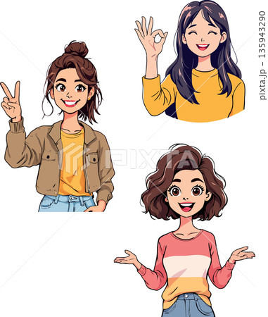 Young women showing positive emotions and gestures Young women showing positive emotions and gestures 135943290
