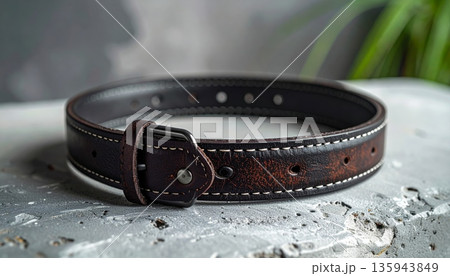 A single brown and black leather belt with a metal silver buckle is isolated on a white background as a stylish men's clothing accessory for personal wear A single brown and black leather belt with a metal silver buckle is isolated on a white background as a stylish men's clothing accessory for personal wear 135943849
