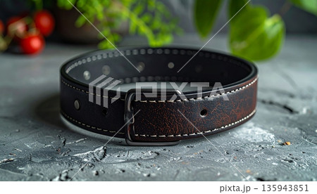 A single brown and black leather belt with a metal silver buckle is isolated on a white background as a stylish men's clothing accessory for personal wear 135943851