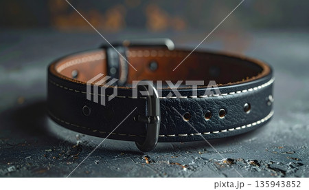 A single brown and black leather belt with a metal silver buckle is isolated on a white background as a stylish men's clothing accessory for personal wear 135943852