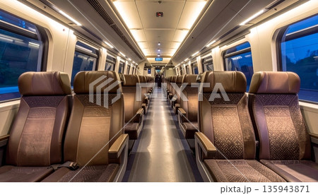 An empty passenger train carriage features rows of modern seats inside a quiet public transport vehicle designed for comfortable rail travel and business transportation An empty passenger train carriage features rows of modern seats inside a quiet public transport vehicle designed for comfortable rail travel and business transportation 135943871