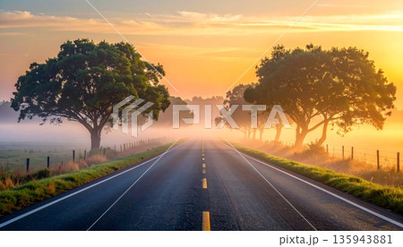 An empty asphalt highway curves through a lush green mountain landscape where a rural road leads toward the horizon under a clear sky 135943881