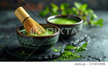 A fresh organic herb mix of green parsley and rosemary leaves sits in a natural wood mortar and pestle bowl isolated on white for healthy cooking or herbal medicine 135943906