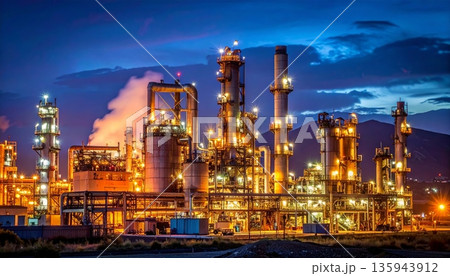 A vibrant night view of an urban oil refinery plant and city skyline features glowing architecture and highway traffic speed along a Hong Kong street A vibrant night view of an urban oil refinery plant and city skyline features glowing architecture and highway traffic speed along a Hong Kong street 135943912