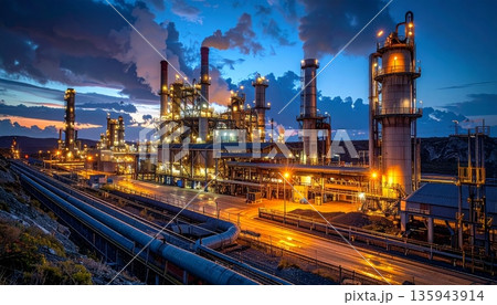 A vibrant night view of an urban oil refinery plant and city skyline features glowing architecture and highway traffic speed along a Hong Kong street A vibrant night view of an urban oil refinery plant and city skyline features glowing architecture and highway traffic speed along a Hong Kong street 135943914