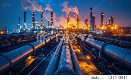 A vibrant night view of an urban oil refinery plant and city skyline features glowing architecture and highway traffic speed along a Hong Kong street 135943915