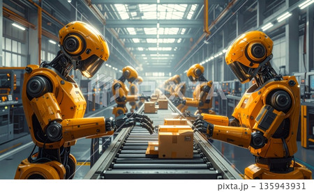 Heavy yellow excavator machinery and an industrial crane work at a busy construction site to lift steel and dig under a clear sky 135943931