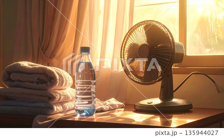 A vintage metal electric fan sits on a white table as a cooling appliance, its propeller blades ready to blow a cold summer breeze 135944027