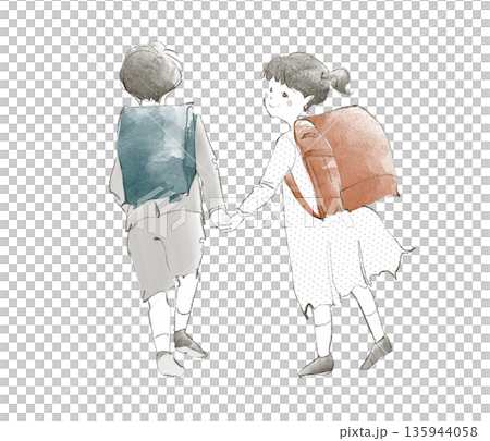 Boy and girl holding hands while carrying school bags Boy and girl holding hands while carrying school bags 135944058