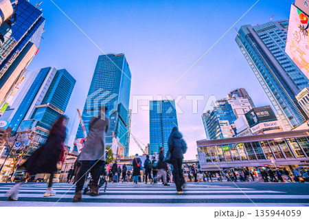 日本の東京都市景観元旦…迎春…親子連れ…インバウンド続く渋谷スクランブル交差点。新時代に希望の光 日本の東京都市景観元旦…迎春…親子連れ…インバウンド続く渋谷スクランブル交差点。新時代に希望の光 135944059