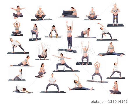 pregnant woman is engaged in yoga. Butterfly Pose or Baddha Konasana 135944141