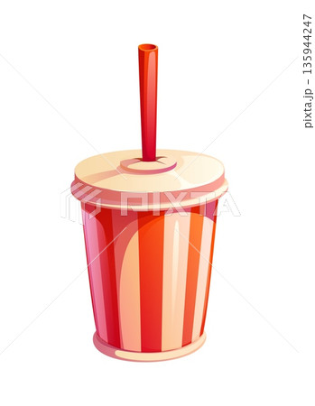 Cartoon fast food soda drink cup. Isolated vector striped disposable paper mug with straw and plastic lid. Takeaway container for cold drink with red white stripes. Refreshing fastfood soft beverage Cartoon fast food soda drink cup. Isolated vector striped disposable paper mug with straw and plastic lid. Takeaway container for cold drink with red white stripes. Refreshing fastfood soft beverage 135944247