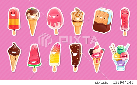 Cartoon ice cream characters stickers. Vector desserts fruit ice, waffle cone, popsicle, sandwich, gelato kawaii personages. Cold summer food, frozen bars and balls. Sweet tasty refreshment snacks set 135944249