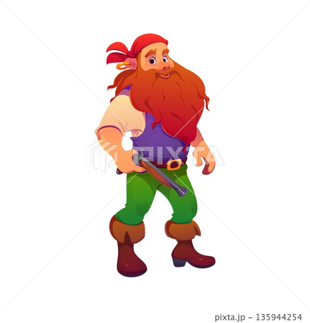 Cartoon pirate and corsair character with bushy beard holding pistol gun. Vector sea rover personage wearing red sailor bandana, green pants, vest and boots. Brave and funny medieval sea swashbuckler Cartoon pirate and corsair character with bushy beard holding pistol gun. Vector sea rover personage wearing red sailor bandana, green pants, vest and boots. Brave and funny medieval sea swashbuckler 135944254