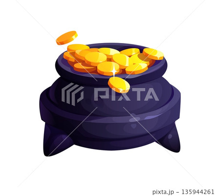 Leprechaun pot of gold game asset. Cartoon vector Happy St Patrick day treasure cauldron overflowing with gold. Leprechaun pot with golden coins. Irish charm symbolizing luck, wealth and good fortune 135944261