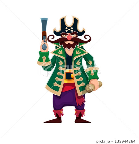 Cartoon corsair and pirate character with gun and parchment scroll. Vector mustached rugged sailor, boatswain, skipper and captain filibuster personage with hat and beard, clutching a flintlock pistol Cartoon corsair and pirate character with gun and parchment scroll. Vector mustached rugged sailor, boatswain, skipper and captain filibuster personage with hat and beard, clutching a flintlock pistol 135944264