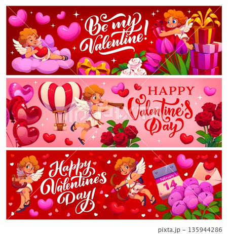 Happy Valentine Day love holiday vector banners. Cartoon cute Cupids characters with Valentines Day hearts, romantic gift boxes, flowers and balloons, love holiday cards or banners set with greetings Happy Valentine Day love holiday vector banners. Cartoon cute Cupids characters with Valentines Day hearts, romantic gift boxes, flowers and balloons, love holiday cards or banners set with greetings 135944286