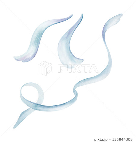 Set of wavy blue silk ribbons and bow fragments,embodying soft freshness of spring and Easter design.Delicate watercolor sheen for holiday branding,gift decor,feminine craft projects 135944309