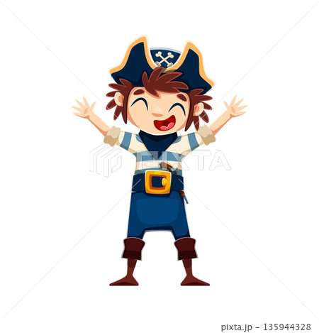 Cartoon funny kid boy pirate corsair rejoicing with raised arms. Vector young child dressed as a sea sailor or captain, complete with crossbones hat and costume, cheerfully smiling with happy face Cartoon funny kid boy pirate corsair rejoicing with raised arms. Vector young child dressed as a sea sailor or captain, complete with crossbones hat and costume, cheerfully smiling with happy face 135944328