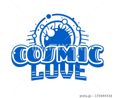 Blue Y2K streetwear cosmic love icon or emblem. Brand typography vintage emblem, streetwear text retro isolated vector label element. Apparel graphic Y2K icon or clothing futuristic funky print 135944338