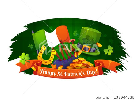 Happy St Patrick's day holiday banner or flyer. Ireland party vector flyer. Saint Patric holiday festival poster or banner with leprechaun hat, Ireland flag, golden horseshoe, golden coins and bagpipe Happy St Patrick's day holiday banner or flyer. Ireland party vector flyer. Saint Patric holiday festival poster or banner with leprechaun hat, Ireland flag, golden horseshoe, golden coins and bagpipe 135944339