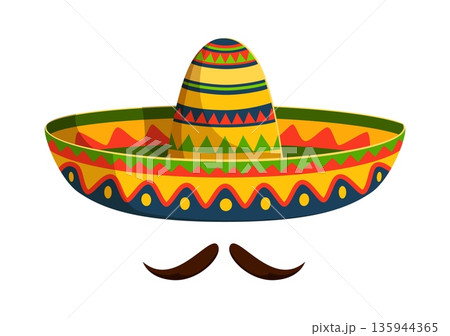Cartoon mexican cowboy sombrero hat with mustaches. Cinco de Mayo holiday vector sombrero, charro cowboy wide hat. Amigo men costume or mariachi musician outfit or headwear with colorful folk ornament 135944365