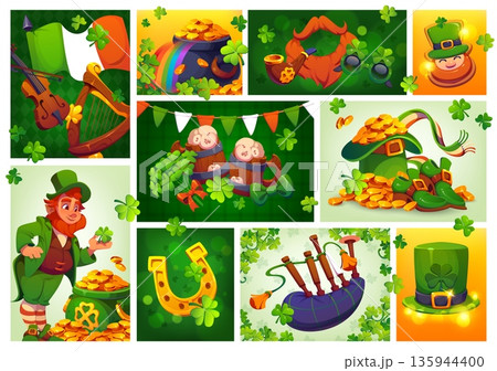 St Patrick s day collage with holiday attributes. Irish culture cartoon vector background, Saint Patrick day party objects. Ireland flag, leprechaun character, clover shamrock leaves and golden coins 135944400