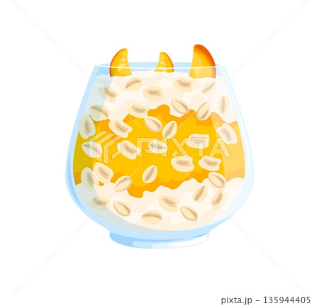 Cartoon oatmeal dessert in glass bowl. Isolated vector sweet healthy breakfast meal, morning food, creamy oat porridge with milk texture, grain flakes and fruit slices layered inside transparent glass 135944405