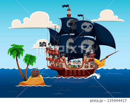 Cartoon funny kid pirates characters on sail corsairs ship and secret treasure island with chest and palm tree in sea. Cartoon vector scene of sailors children on frigate board with black skull flag 135944417