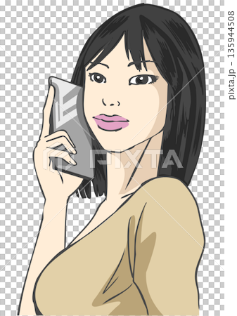 Asian woman trying to make a call on her smartphone Asian woman trying to make a call on her smartphone 135944508