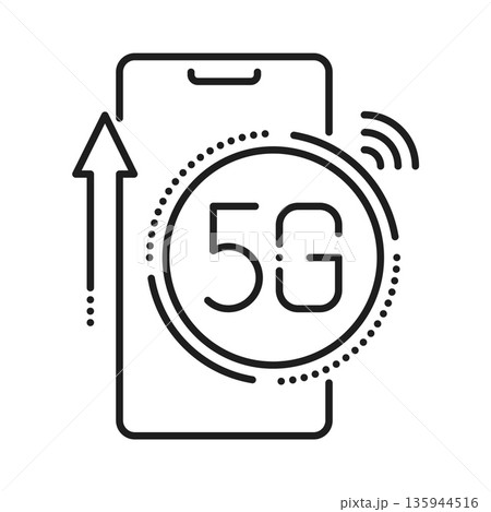 5G mobile smartphone broadband line icon or pictogram. 5G network outline pictogram, fast speed communication lineart vector symbol. Mobile signal transmission icon with mobile cellphone device 135944516