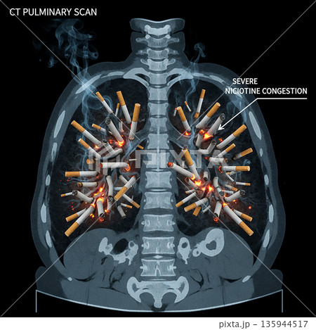 肺を写したCT画像にタバコががいっぱい詰まっている 肺を写したCT画像にタバコががいっぱい詰まっている 135944517
