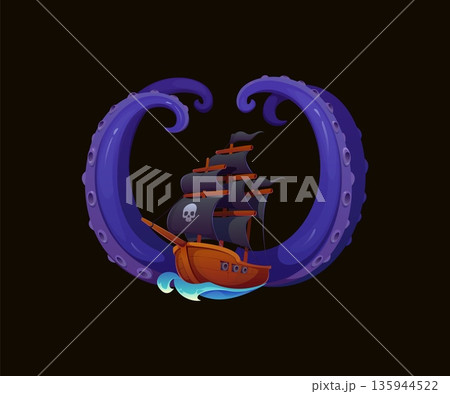 Heraldic pirate game asset with cartoon purple octopus beast tentacles, sail ship with black sails and ocean water waves. Vector nautical emblem with giant kraken tentacles, mythical sea fantasy badge 135944522