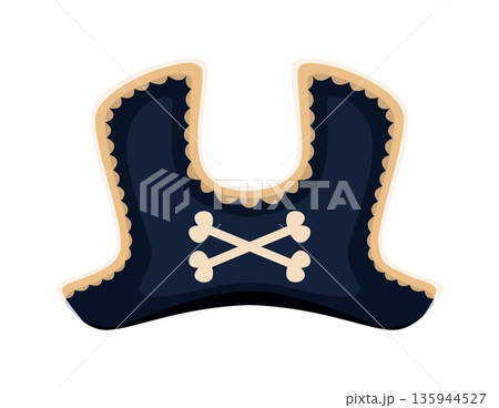 Cartoon pirate tricorn hat with beige trim and crossed bones decoration. Vector captain headwear for , corsair and buccaneer sea fantasy adventure with vintage oceanic and swashbuckling pirate spirit Cartoon pirate tricorn hat with beige trim and crossed bones decoration. Vector captain headwear for , corsair and buccaneer sea fantasy adventure with vintage oceanic and swashbuckling pirate spirit 135944527