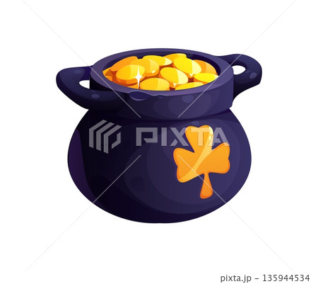 Leprechaun pot of gold game asset. Cartoon vector treasure cauldron with golden trefoil clover shamrock leaf emblem, filled with gold coins. Happy St Patrick day Leprechaun pot, symbol of good luck Leprechaun pot of gold game asset. Cartoon vector treasure cauldron with golden trefoil clover shamrock leaf emblem, filled with gold coins. Happy St Patrick day Leprechaun pot, symbol of good luck 135944534