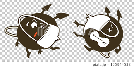 一組描繪口罩如何戰勝病毒的插圖。 135944538