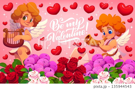 Happy Valentine day greeting card with cherub cupids in flowers, cartoon vector. Be My Valentine love holiday quote with lovely cupid angels playing music on harp and Valentine love message envelope Happy Valentine day greeting card with cherub cupids in flowers, cartoon vector. Be My Valentine love holiday quote with lovely cupid angels playing music on harp and Valentine love message envelope 135944543