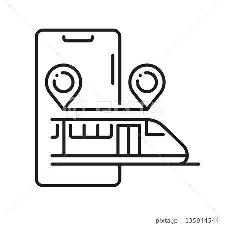 Railway tickets booking mobile app line icon. Passenger transportation and city logistics outline vector pictogram or symbol. Railway route planning and ticket buying application line icon or sign Railway tickets booking mobile app line icon. Passenger transportation and city logistics outline vector pictogram or symbol. Railway route planning and ticket buying application line icon or sign 135944544