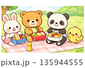 ピクニックを楽しむかわいい動物たちのお弁当イラスト 135944555