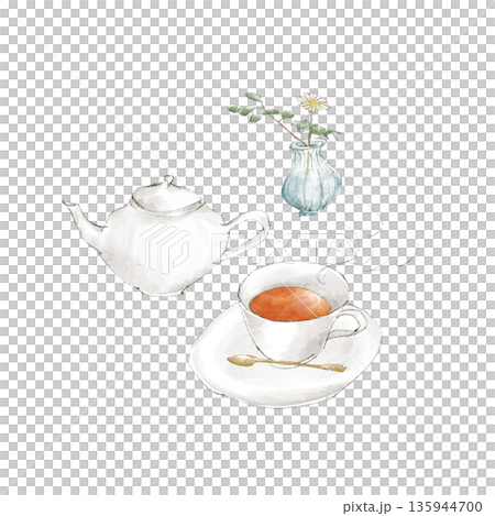 茶壺和茶杯，茶的插圖 135944700