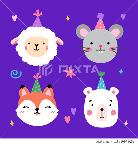 A set of cute animals in festive hats 135944929