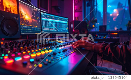 Vibrant dj mixer at a night club concert stage featuring urban fiber optics and city lights for a professional music mixing show in a crowded bar hall interior 135945104
